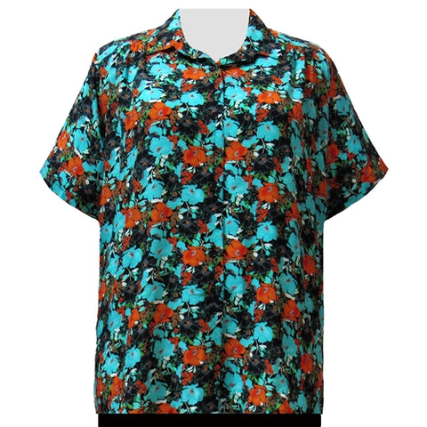 Turquoise Floral Garden Short Sleeve Tunic with Shirring Women's Plus Size Blouse