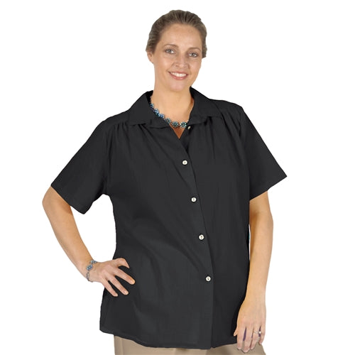 Black Cotton Gauze Short Sleeve Tunic with Shirring Women's Plus Size Blouse