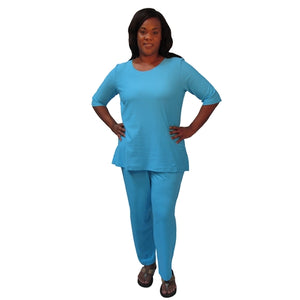 Turquoise Cotton Knit 3/4 Sleeve Round Neck Pullover Top Women's Plus Size Top