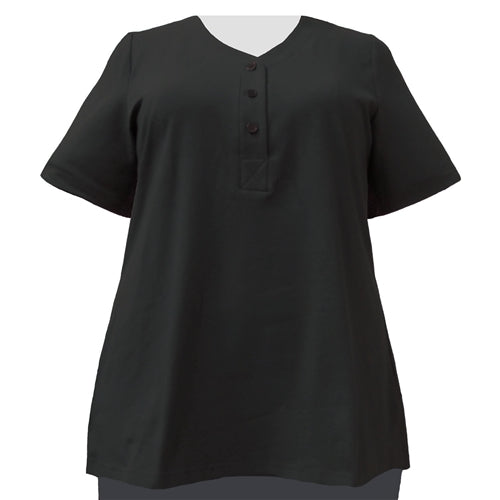 Black Cotton Knit Short Sleeve Y-Neck Placket Blouse Women's Plus Size Top