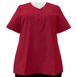 Red Cotton Knit Short Sleeve Y-Neck Placket Blouse Women's Plus Size Top