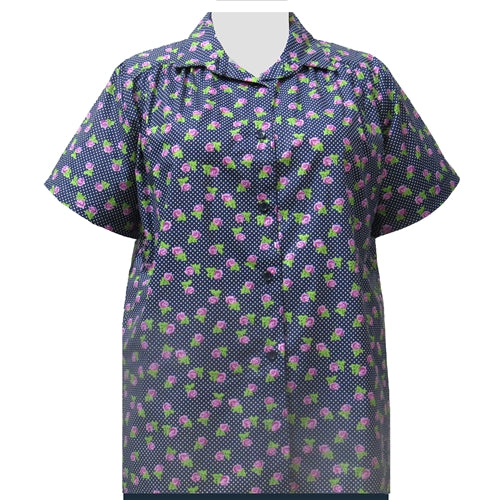 Navy Dotty Roses Short Sleeve Tunic with Shirring Women's Plus Size Blouse