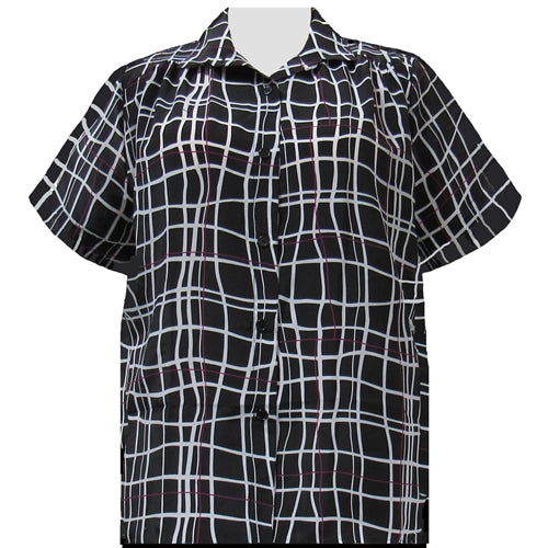 Black Windowpane Short Sleeve Tunic with Shirring Women's Plus Size Blouse