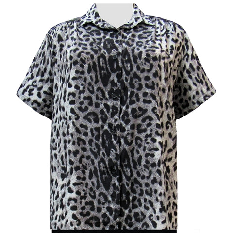 Grey Snow Leopard Short Sleeve Tunic with Shirring Women's Plus Size Blouse