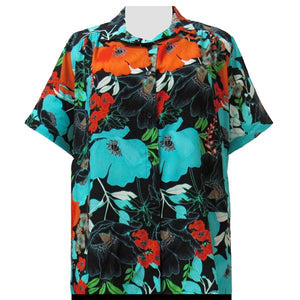 Turquoise Blossoms Short Sleeve Tunic with Shirring Women's Plus Size Blouse