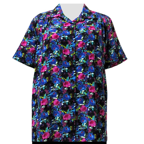 Vibrant Floral Garden Short Sleeve Tunic with Shirring Women's Plus Size Blouse