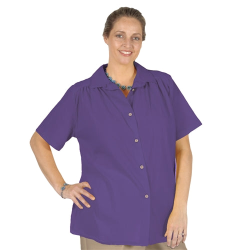 Purple Cotton Gauze Short Sleeve Tunic with Shirring Women's Plus Size Blouse