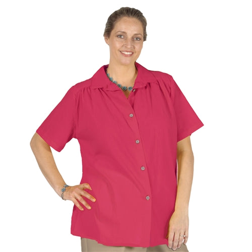 Strawberry Cotton Gauze Short Sleeve Tunic with Shirring Women's Plus Size Blouse