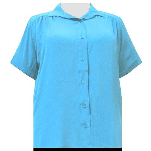 Turquoise Short Sleeve Tunic with Shirring Women's Plus Size Blouse