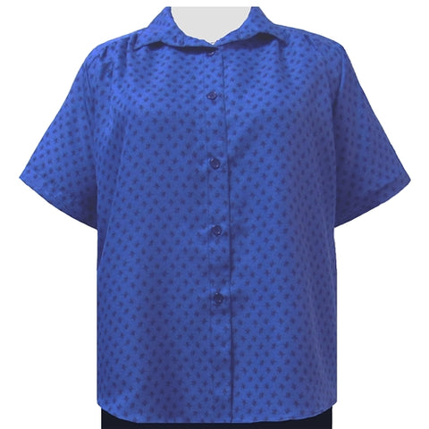 Blue Floating Leaves Short Sleeve Tunic with Shirring Women's Plus Size Blouse