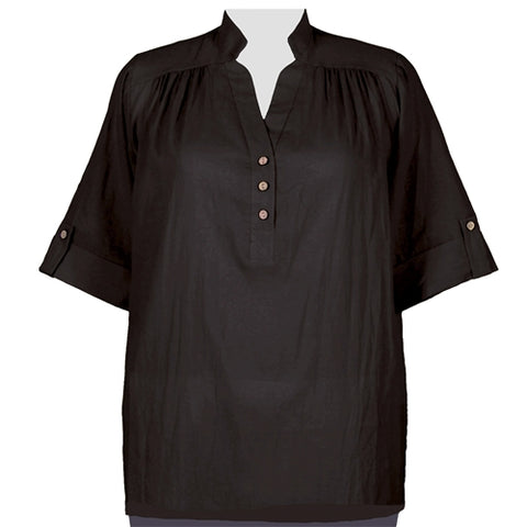Black Cotton Gauze Pullover Placket Blouse Women's Plus Size Blouse