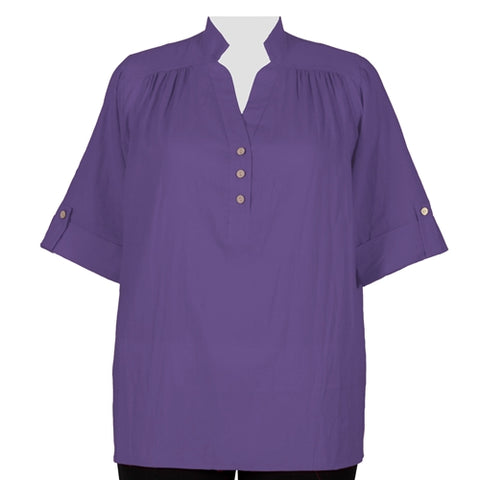 Purple Cotton Gauze Pullover Placket Blouse Women's Plus Size Blouse