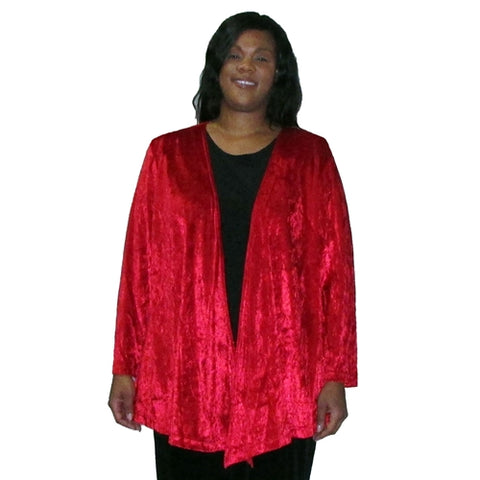 Red Crushed Panne Delicate Drape Women's Plus Size Cardigan
