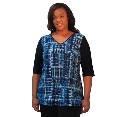 Cobalt Lattice 3/4 Sleeve V-Neck Pullover Top Women's Plus Size Top