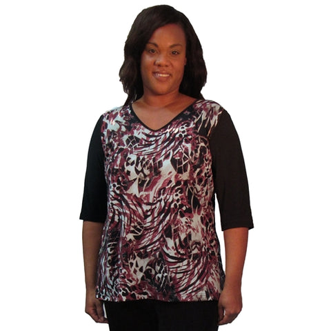 Crimson Abstract 3/4 Sleeve V-Neck Pullover Top Women's Plus Size Top