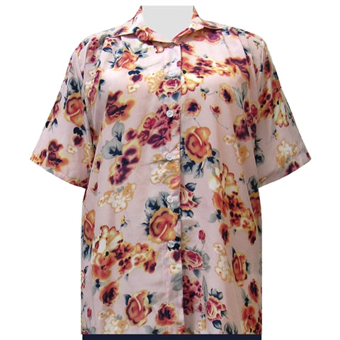 Shell Pink Painted Floral Short Sleeve Tunic Women's Plus Size Blouse