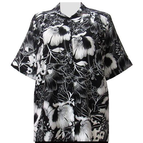 Black & White Blossoms Short Sleeve Tunic Women's Plus Size Blouse