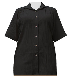Black Cotton Gauze Short Sleeve Tunic Women's Plus Size Blouse