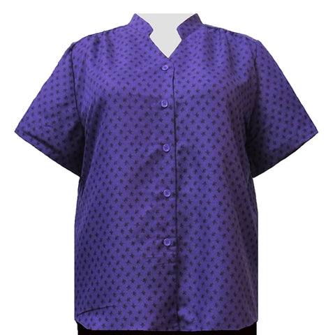 Purple Floating Leaves Mandarin Collar V-Neck Tunic Women's Plus Size Blouse