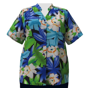 Blue & Green Hibiscus Mandarin Collar V-Neck Tunic Women's Plus Size Blouse
