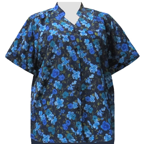 Blue Happy Days Mandarin Collar V-Neck Tunic Women's Plus Size Blouse