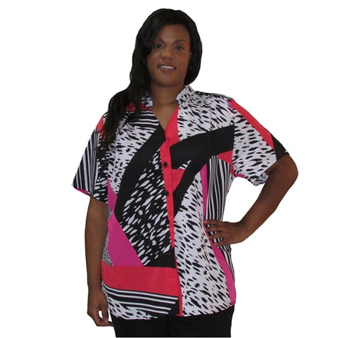 Black/White & Pink Skin Mandarin Collar V-Neck Tunic Women's Plus Size Blouse