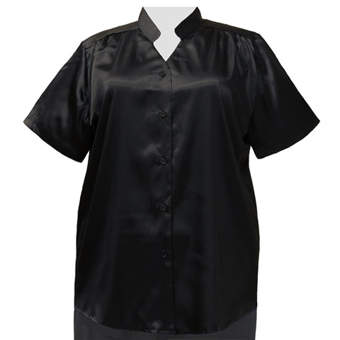 Black Crepe Back Satin Mandarin Collar V-Neck Tunic Women's Plus Size Blouse