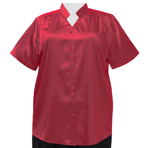 Red Crepe Back Satin Mandarin Collar V-Neck Tunic Women's Plus Size Blouse