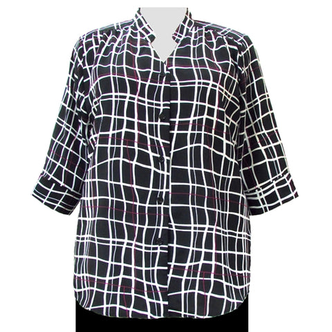Black Windowpane 3/4 Sleeve Mandarin Collar V-Neck Tunic Women's Plus Size Blouse