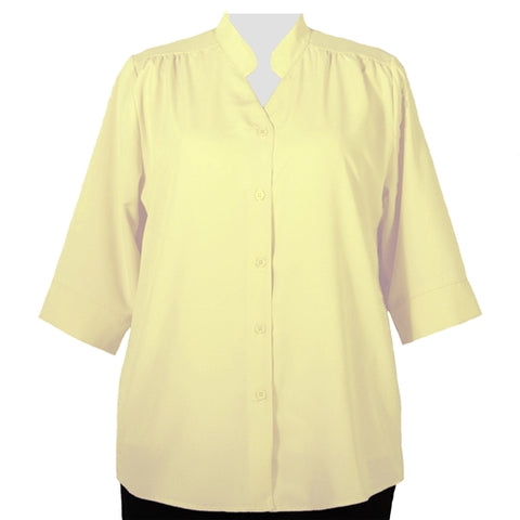 Yellow 3/4 Sleeve Mandarin Collar V-Neck Tunic Women's Plus Size Blouse