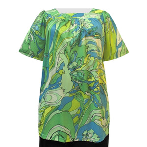 Abstract Flowers Short Sleeve Square Neck Pullover Women's Plus Size Top