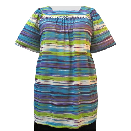 Miami Stripes Short Sleeve Square Neck Pullover Women's Plus Size Top