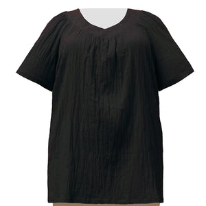 Black Cotton Gauze V-Neck Pullover Women's Plus Size Top