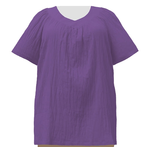 Purple Cotton Gauze V-Neck Pullover Women's Plus Size Top