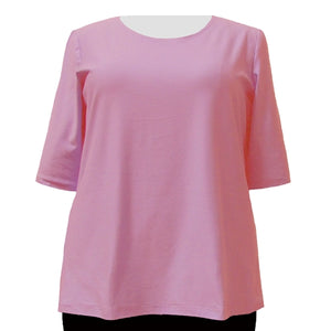 Pink Cotton Knit 3/4 Sleeve Round Neck Pullover Top Women's Plus Size Top