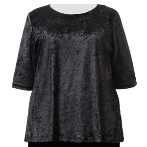 Black Crushed Panne 3/4 Sleeve Round Neck Pullover Top Women's Plus Size Top