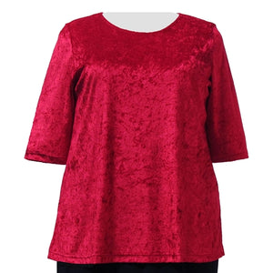 Red Crushed Panne 3/4 Sleeve Round Neck Pullover Top Women's Plus Size Top