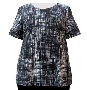 Black & Grey Grid Round Neck Pullover Top Women's Plus Size Top