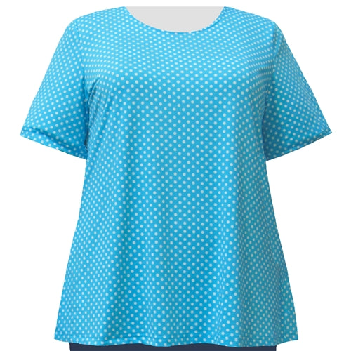 Turquoise Aspirin Dots Short Sleeve Round Neck Pullover Top Women's Plus Size Top