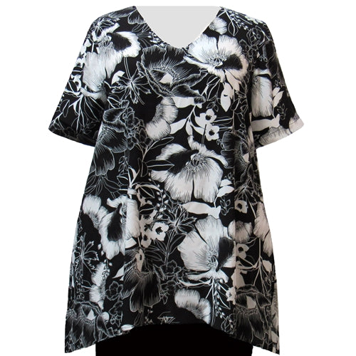 Black & White Blossoms V-Neck Pullover Women's Plus Size Pullover Top