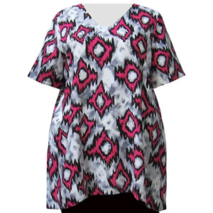 Platinum Fuchsia Abstract Tribal V-Neck Pullover Women's Plus Size Pullover Top