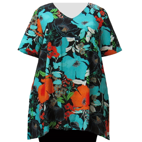 Turquoise Blossoms V-Neck Pullover Women's Plus Size Pullover Top