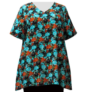 Turquoise Floral Garden V-Neck Pullover Women's Plus Size Pullover Top