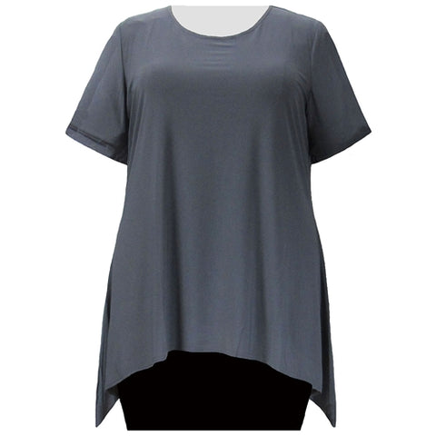 Charcoal Grey Short Sleeve Round Neck Sharkbite Hem Pullover Top Women's Plus Size Top