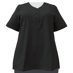 Black Cotton Knit Short Sleeve Y-Neck Placket Blouse Women's Plus Size Top