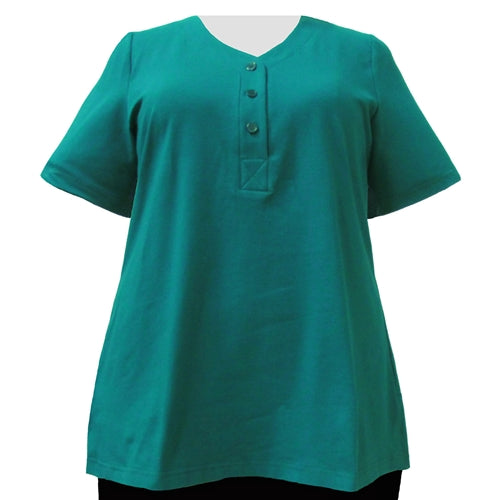 Jade Cotton Knit Short Sleeve Y-Neck Placket Blouse Women's Plus Size Top