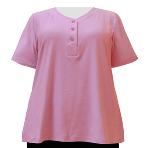 Pink Cotton Knit Short Sleeve Y-Neck Placket Blouse Women's Plus Size Top