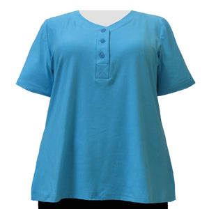 Turquoise Cotton Knit Short Sleeve Y-Neck Placket Blouse Women's Plus Size Top