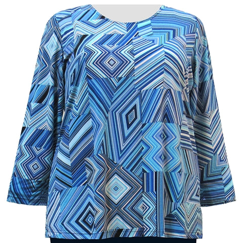 Blue Linear Geometric Long Sleeve Round Neck Pullover Top Women's Plus Size Top