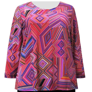 Fuchsia Linear Geometric Long Sleeve Round Neck Pullover Top Women's Plus Size Top